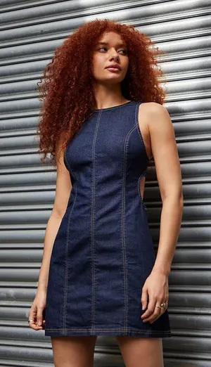 Silence + Noise Lilith Denim mini dress open back Cutout Shift dark wash UO thumbnail 1