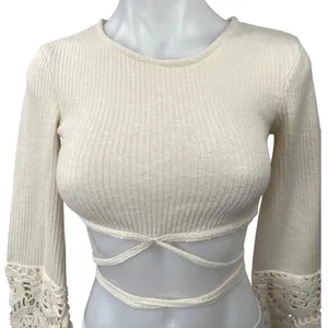 Zara Women's Cream Ecru Crochet Knit Boho Long Sleeve Cut Out Crop Top Size S thumbnail 5