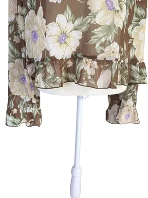 Loft brown and ivory floral ruffle tie front sheer blouse women's size medium thumbnail 7