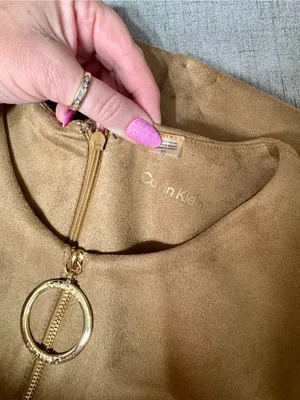 Calvin Klein Faux Suede Zip-Front Midi Dress Tan Camel Brown NWT Size 10 thumbnail 10