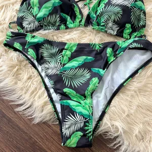 3 Piece Green Jungle Tropical Swim Set Bikini & Sheer Cover Up L thumbnail 5