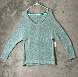 Free People Adriatic Sea Chunky Open Knit V-Neck Slouchy Pullover Sweater M New thumbnail 1