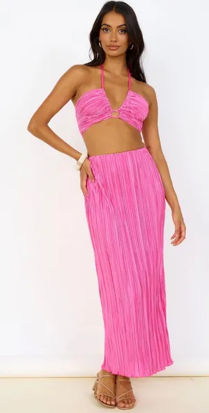 Fortunate One Pink Satin Plisse Maxi Skirt Set thumbnail 1
