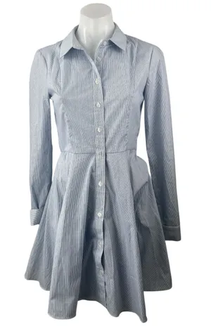 BCBGeneration Blue Striped Long Sleeve Button Up Fit & Flare Mini Dress Size 0 thumbnail 1