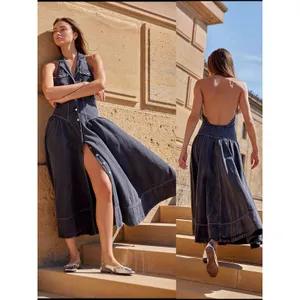Free People Soundwave Denim Halter Maxi Dress in Black Bohemian Size Small thumbnail 9