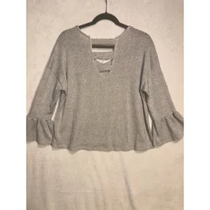 Ces Femme Grey Ribbed Knit V-Neck Sweater Bell Sleeve Lattice Back Top‎ thumbnail 7