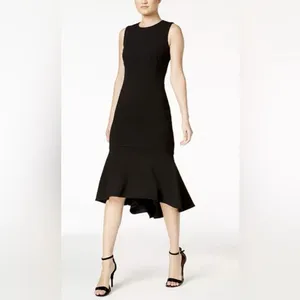 Calvin Klein Black Hi Low Trumpet Sleeveless Stretch Crepe Midi‎ Dress Size 8 thumbnail 2
