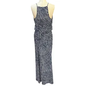 Nine West 6 Geometric Print Ruffle Neck Maxi Dress Navy White Sleeveless Summer thumbnail 4