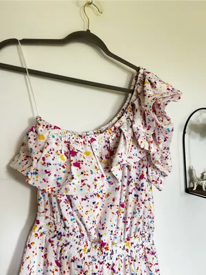 Buddy Love Sofia Rainbow Splatter Polka Dot One Shoulder Ruffle Mini Dress Large thumbnail 5