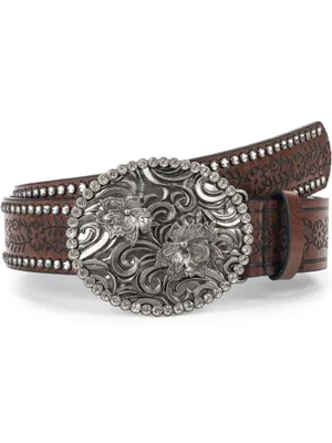 Western Tooled Large Buckle Belt with Rhinestones Brown thumbnail 2