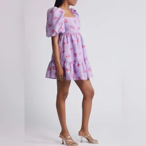 Chelsea28 Brocade‎ Puff Sleeve Babydoll Dress in Purple Lupine Floral Size XL thumbnail 2