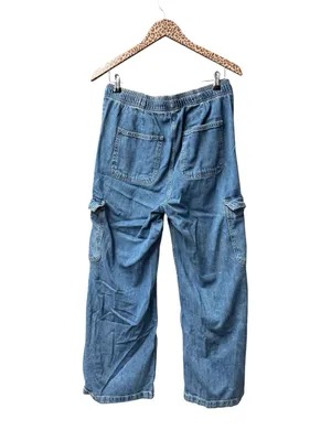 Gap Pull On Wide Leg Cargo Denim Jeans Cotton Tie Waist Medium Wash Blue Medium thumbnail 3