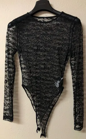 Black Lace Thong Long-Sleeve Sheer Bodysuit Small NWT thumbnail 1