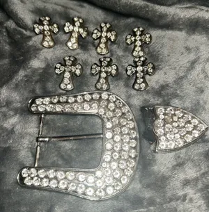 Rhinestone Western Belt Buckle Set Crosses Arrowhead Silver Tone‎ Bling Rodeo thumbnail 1