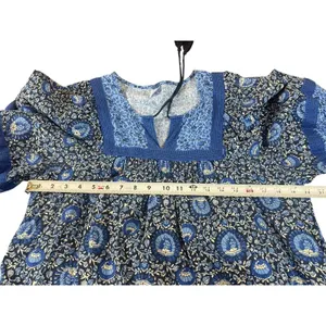 Old Navy Blue Boho Peasant Dress Women L Floral Tassel Cottagecore Festival thumbnail 10