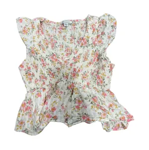 American‎ Eagle Floral Smocked Peplum Blouse White Pink Cottagecore Boho Small thumbnail 1