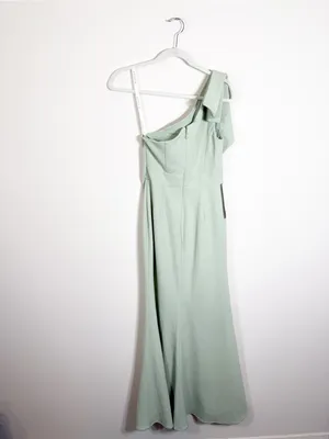 NWT Azazie Rinna Dusty Sage Green Mermaid One Shoulder Stretch Crepe Maxi Dress thumbnail 4