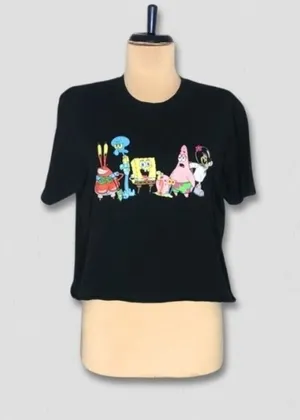 Nickelodeon SpongeBob SquarePants Black Graphic Cropped T-Shirt Medium thumbnail 1