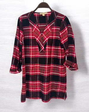 Michael Kors Red and Black Plaid V-Neck Tunic thumbnail 1