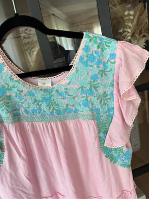 J. Marie embroidered midi dress floral oaxacan tiered ruffle linen pockets loose thumbnail 3