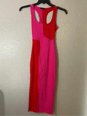 NWOT Sexy Naked Wardrobe Pink Red Colorblock Ribbed Bodycon Midi Dress L thumbnail 3