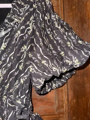 Entro Black Bow & Floral Ruffle-Trim Short Dress, Puff Sleeves with Pockets thumbnail 3