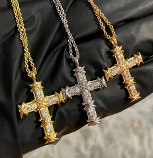 Silver Crystal Cross Pendant Necklace Gold thumbnail 1