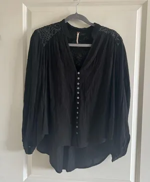 Free People Black Canyon Rose Hi-Lo Button Down Blouse Metallic Lace XS thumbnail 3