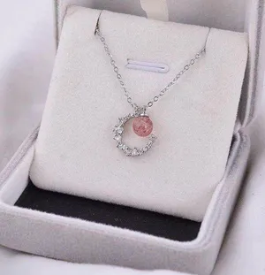 925 crescent strawberry crystal necklace women's high-end light luxury 2023 new style peach blossom clavicle chain ins lettering thumbnail 4