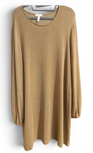 Leith Womens Gold Metallic Knit Shimmer Shift‎ Dress Long Blouson Sleeve XL thumbnail 1