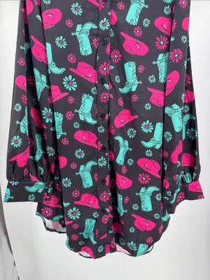 Jess Lea Black Mini shirt Dress with Pink & Teal Western Print M cowboy boots thumbnail 4
