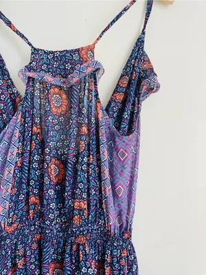Joie Silk Floral Maxi Dress size S Boho Ruffle Strappy Blue Purple thumbnail 4