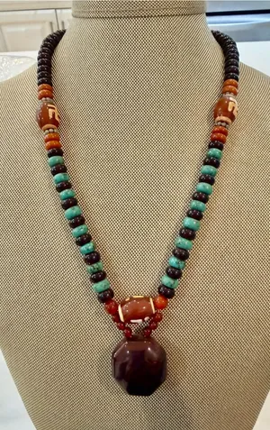 Handmade Unique Handcrafted Turquoise and Brown Beaded Buddhism Pendant Necklace thumbnail 1
