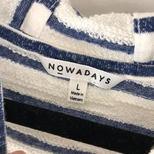 Nowadays Womens Sweatshirt Cold Shoulder Hooded Asymmetric Striped Blue White L thumbnail 3