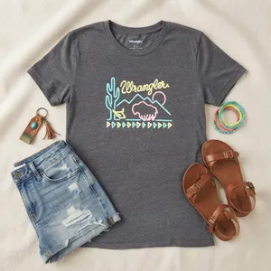 Wrangler Womens Graphic T-Shirt Gray Neon Desert Buffalo Cactus Small thumbnail 1