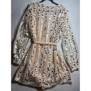 Champagne Sequin Striped Wrap Mini Dress Long Balloon Sleeve V-Neck Party thumbnail 5