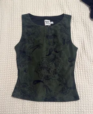 Princess Polly paisley green mesh tank top thumbnail 1