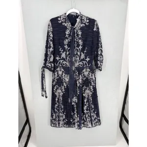 Picobell Womens Midi Dress Navy Blue Damask Pleated Tie Neck Size 42 thumbnail 3