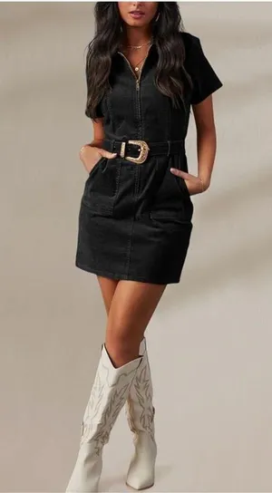 NEW Black Corduroy Zip Up Mini Dress S NO BELT thumbnail 5