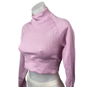Alo Yoga Seamless Pink Cable Knit Mock Neck Long Sleeve Athletic Crop Top Sz S thumbnail 3