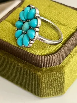 Turquoise Flower Cluster Titanium Steel Silver Statement Ring Size 6 Blue thumbnail 4