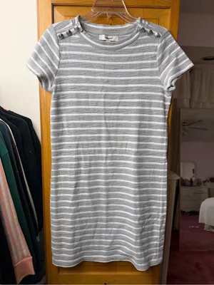 LOFT Gray & White Striped Short-Sleeve Knit Mini Dress thumbnail 1