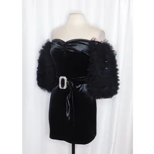 NWT!! ZARA Black Velvet Dress Ruffled Tulle Sleeves Rhinestone Party Cocktail thumbnail 6