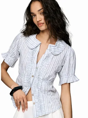 Anthropologie Pilcro Womens Top Blue The Keira Waisted Tuxedo Front Blouse XS thumbnail 1