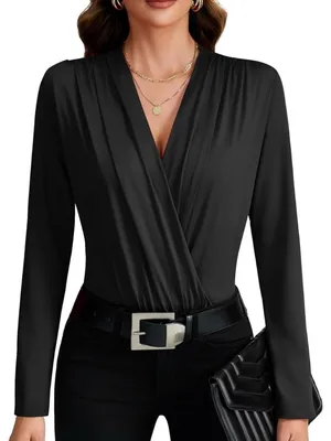 LYANER Women's Wraped V Neck Ruched Long Sleeve Leotard Bodysuit Top XL thumbnail 5