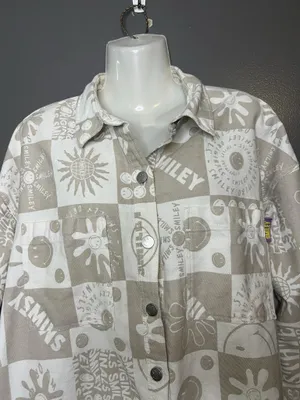 Smiley X H&M Shirt Womens Small Beige Smiley Face Graphic Twill Button Up thumbnail 1