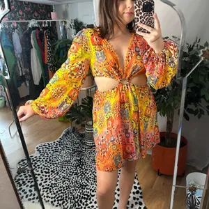 Plunge V-Neck Long Sleeve Cut Out Mini Dress Yellow Orange thumbnail 6