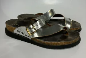 Mephisto Helen Sandals Womens 39 Silver Fair‎ Metallic Cork Footbed Buckle Slide thumbnail 1
