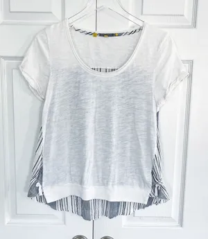 Little Yellow Button Anthropologie White Striped Mixed Media Top Lagenlook Artsy thumbnail 1