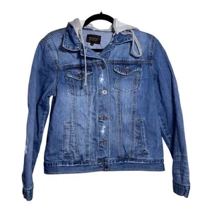 RISEN JEANS Distressed Medium Wash Detachable Hood Denim Jacket‎ Size Small thumbnail 1